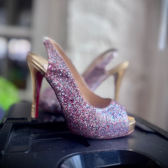 Christian Louboutin Multicolor Glitter Slingback Peep Platform Sandals Sz. 5.5 - Picture 2 of 15